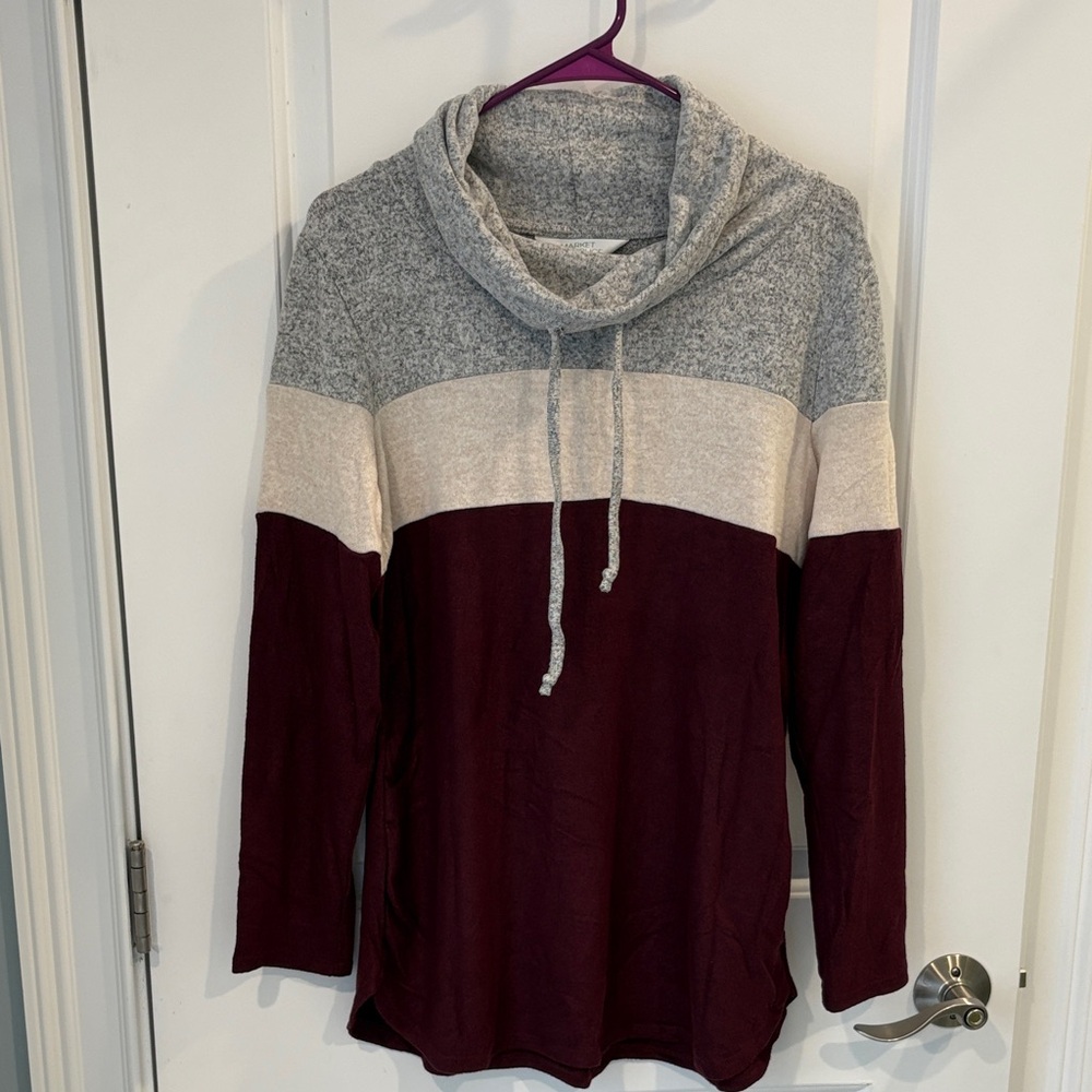 Market & Spruce Tri-Color Cowl Neck Sweater - Gray, Cream, Burgundy